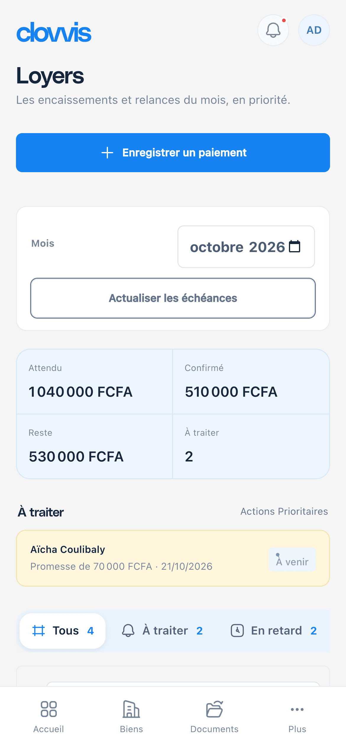Écran Loyers sur téléphone : attendu 1 040 000 FCFA, confirmé 510 000 FCFA, reste 530 000 FCFA.