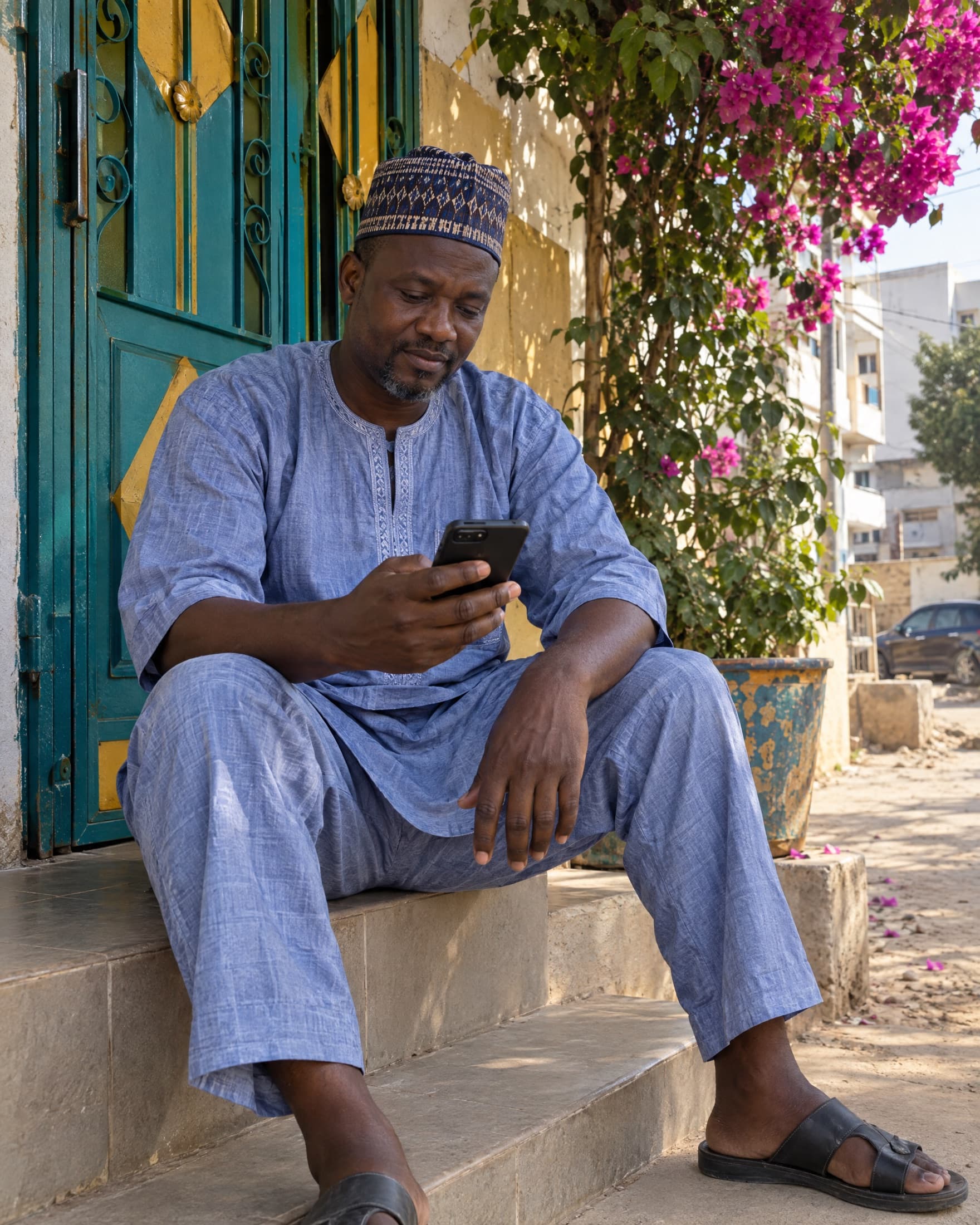 Un propriétaire consulte son téléphone sur le pas de sa porte.